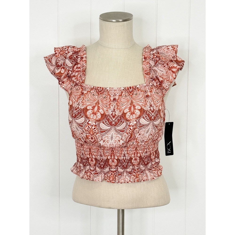 BCX Paisley Ruffle Smocked Crop Top NWT Junior Small Orange Boho Festival Summer